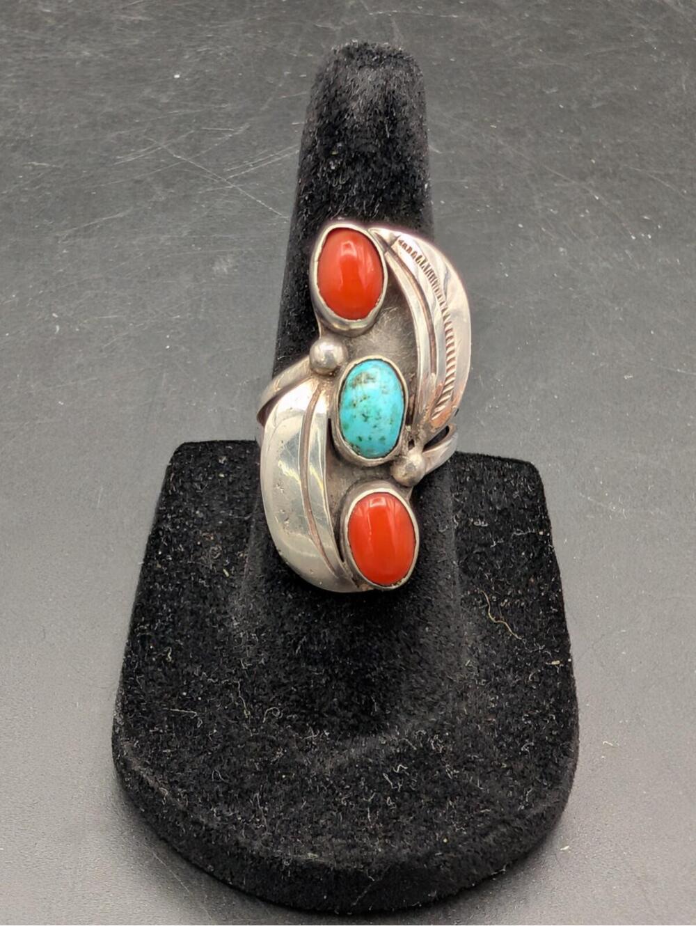 Vintage Native American Sterling Silver Turquoise Red Coral Leaf Ring Size 6